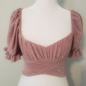 Blush BJ Eyelet Lace Top SM NWT Short Puffed Sleeves Coquette Girl Cropped Mauve